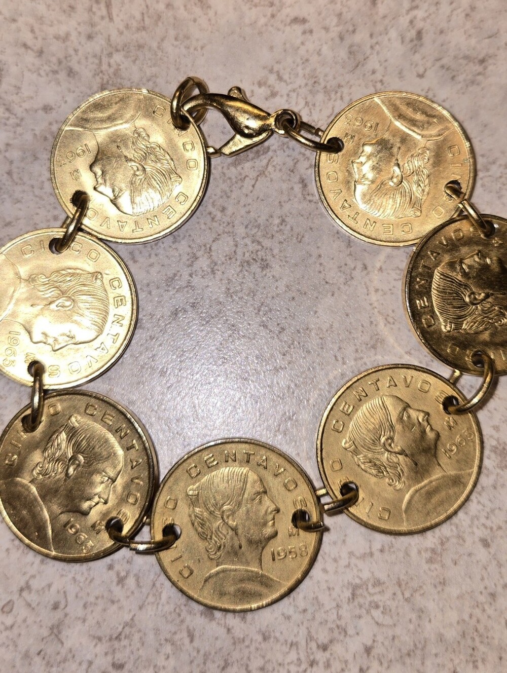 Vintage Cinco Centavos 1950's-60's Bracelet gold color coins